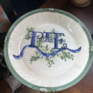 VTG 2001 Kathy Hatch 11" Pie Plate Blue Green Floral Cottage Country Charming